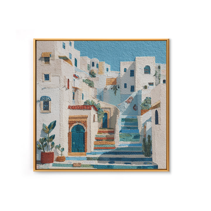 Greek Island White Buildings Above Blue Sea Framed Canvas Print, Mediterranean Art, Beach Wall Art, Living Room Decor, Azure, MAR-1x1-1