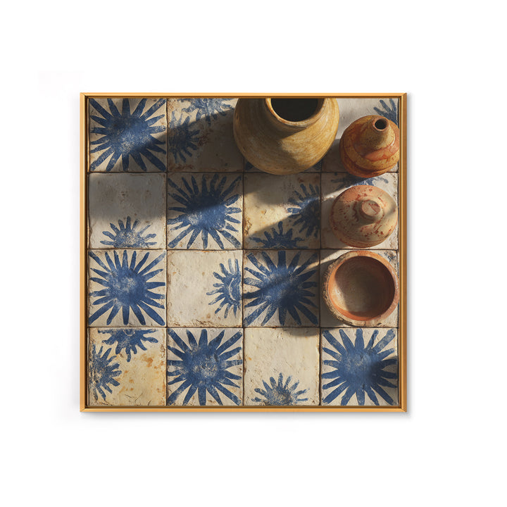 Blue and White Tile Pattern Framed Canvas Print, Mediterranean Art, Travel Poster, Living Room Decor, Watercolor Art, Azure, MAR-1x1-100