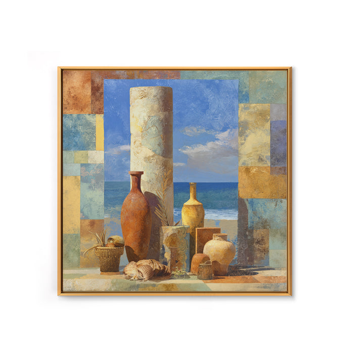 Ancient Column with Sea and Sky Beyond Framed Canvas Print, Mediterranean Art, Oil Painting, Living Room Decor, Fine Art, Azure, MAR-1x1-12