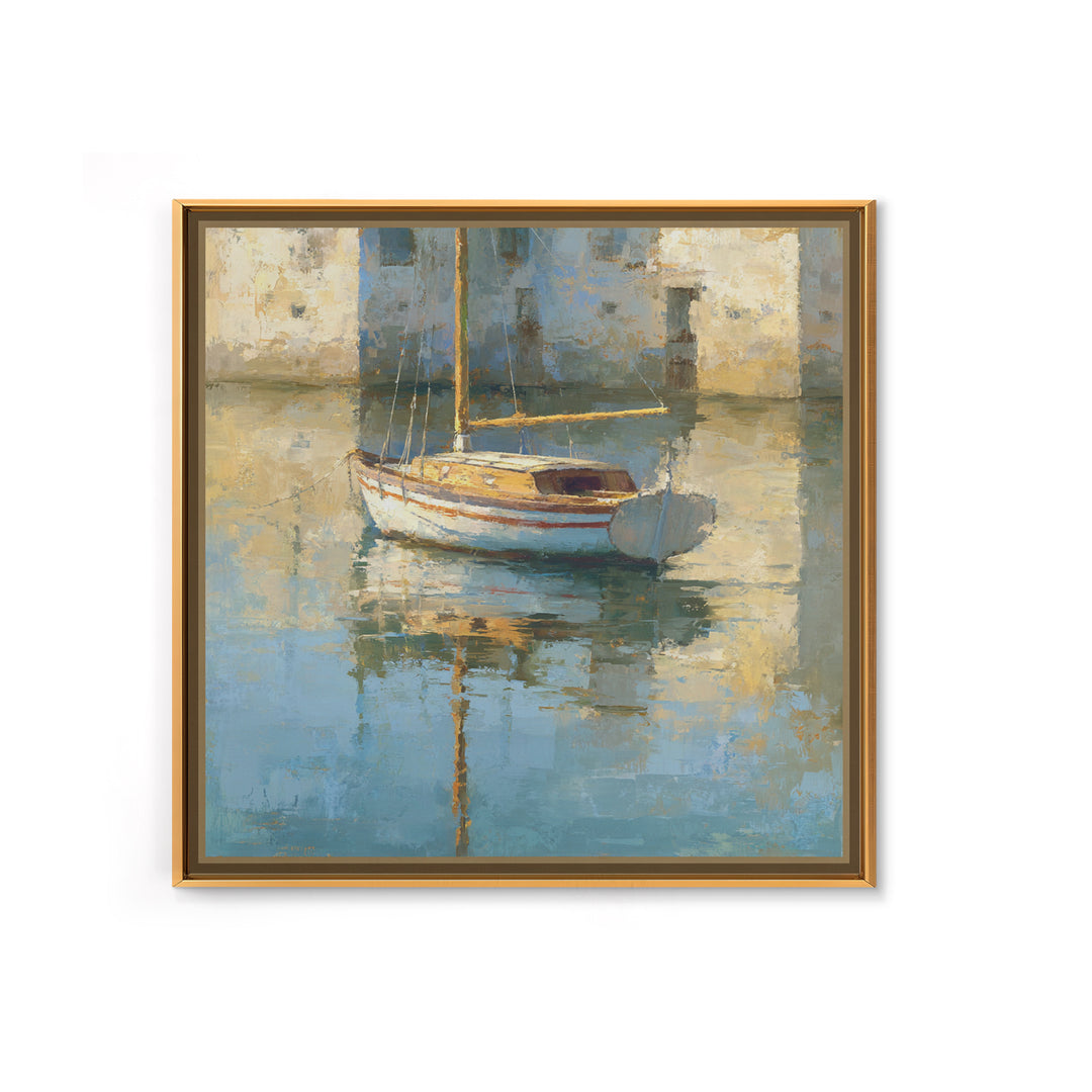 Mediterranean Sailboat on Glassy Water Canvas Print, Mediterranean Art, Watercolor Painting, Living Room Decor, Fine Art, Azure, MAR-1x1-18