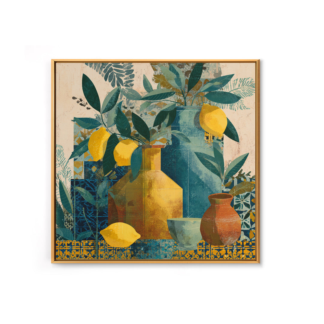 Olive Branch and Lemons on Terracotta Ground Canvas Print, Mediterranean Art, Minimalist Wall Art, Living Room Decor, Azure, MAR-1x1-26