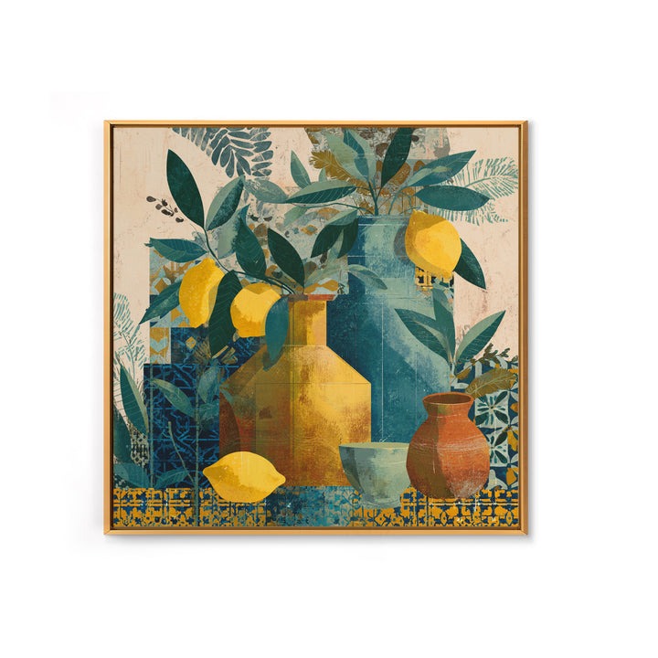 Olive Branch and Lemons on Terracotta Ground Canvas Print, Mediterranean Art, Minimalist Wall Art, Living Room Decor, Azure, MAR-1x1-26