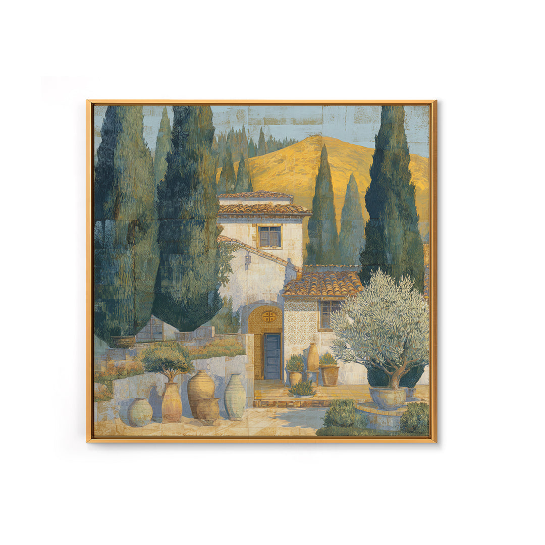 Tuscan Cypress Trees and Golden Hillside Canvas Print, Mediterranean Art, Beach Wall Art, Living Room Decor, Oil Painting, MAR-1x1-30