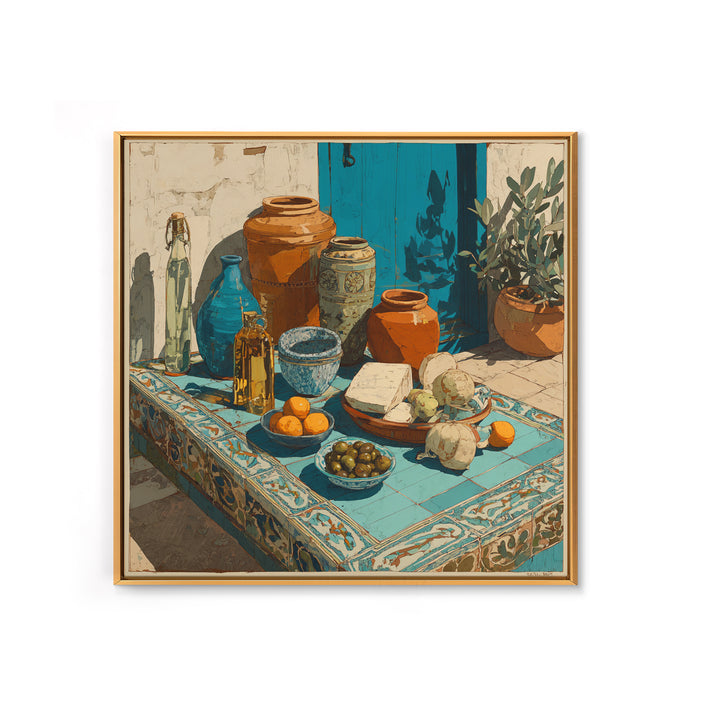 Figs Olives and Cheese Still Life Framed Canvas Print, Mediterranean Art, Gallery Decor, Living Room Decor, Fine Art, Azure, MAR-1x1-32