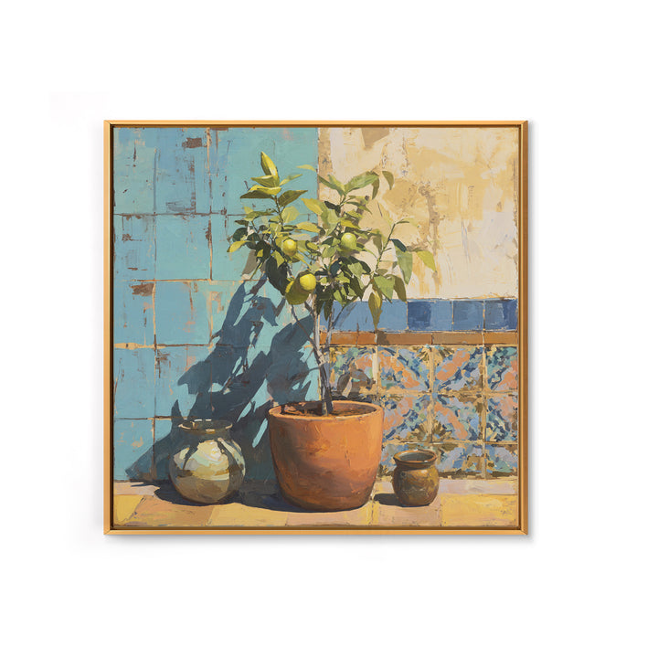 Citrus Tree in Clay Pot Framed Canvas Print, Mediterranean Art, Landscape Painting, Living Room Decor, Watercolor Art, Azure, MAR-1x1-34