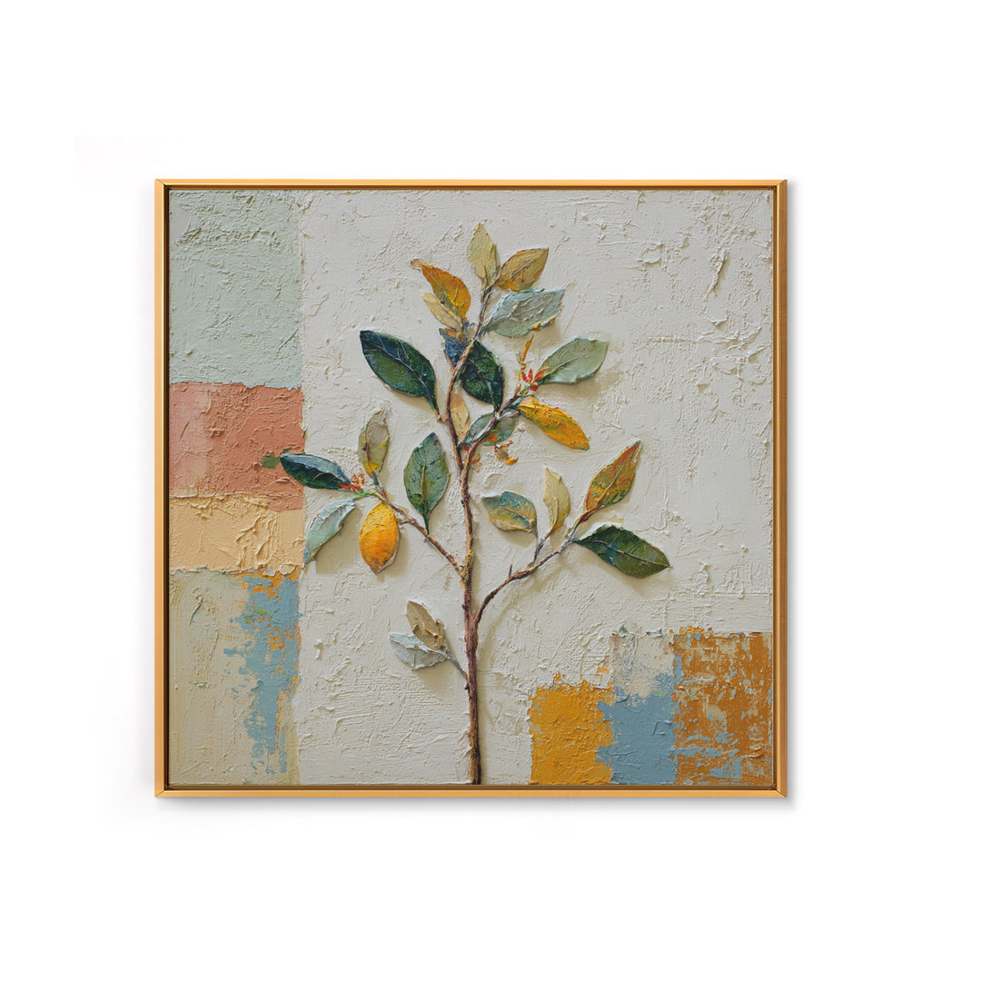 Sicilian Lemon Branch on Ivory Background Framed Canvas Print, Mediterranean Art, Gallery Wall Art, Living Room Decor, Azure, MAR-1x1-37