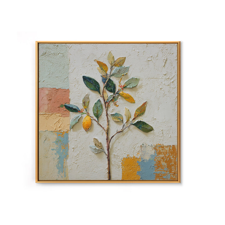 Sicilian Lemon Branch on Ivory Background Framed Canvas Print, Mediterranean Art, Gallery Wall Art, Living Room Decor, Azure, MAR-1x1-37