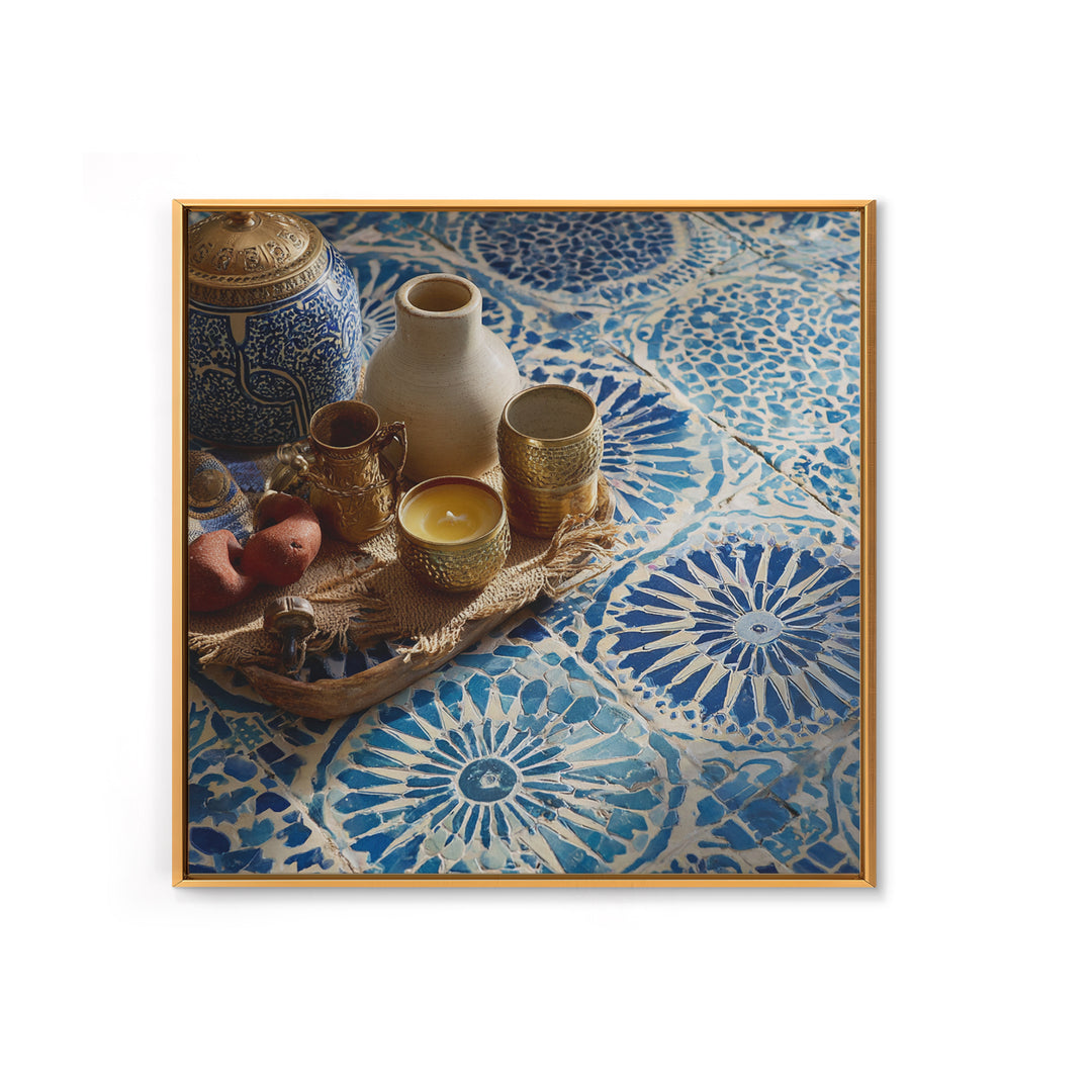 Blue and White Tile Pattern Canvas Print, Mediterranean Art, Printable Wall Art, Living Room Decor, Watercolor Art, Azure, MAR-1x1-4