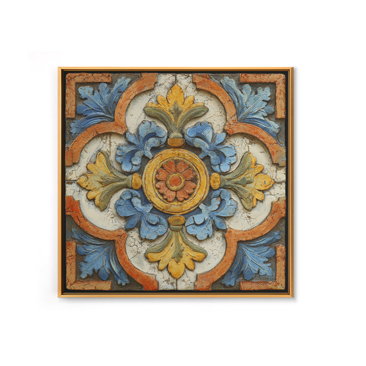 Spanish Tile Ornament Framed Canvas Print, Mediterranean Art, Luxury Decor, Living Room Decor, Fine Art, Azure, Framed Wall Art, MAR-1x1-40