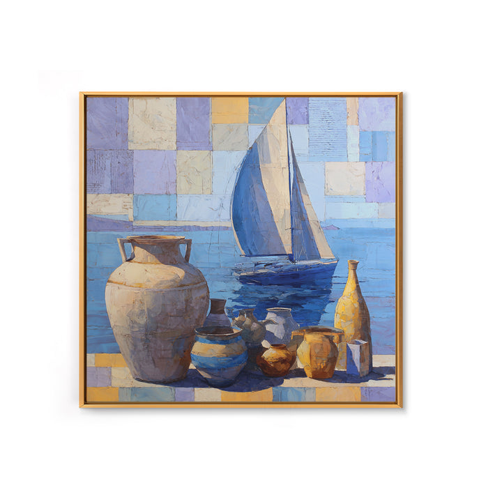 Mediterranean Sailboat on Glassy Water Framed Canvas Print, Mediterranean Art, Watercolor Art, Living Room Decor, Abstract Art, MAR-1x1-42