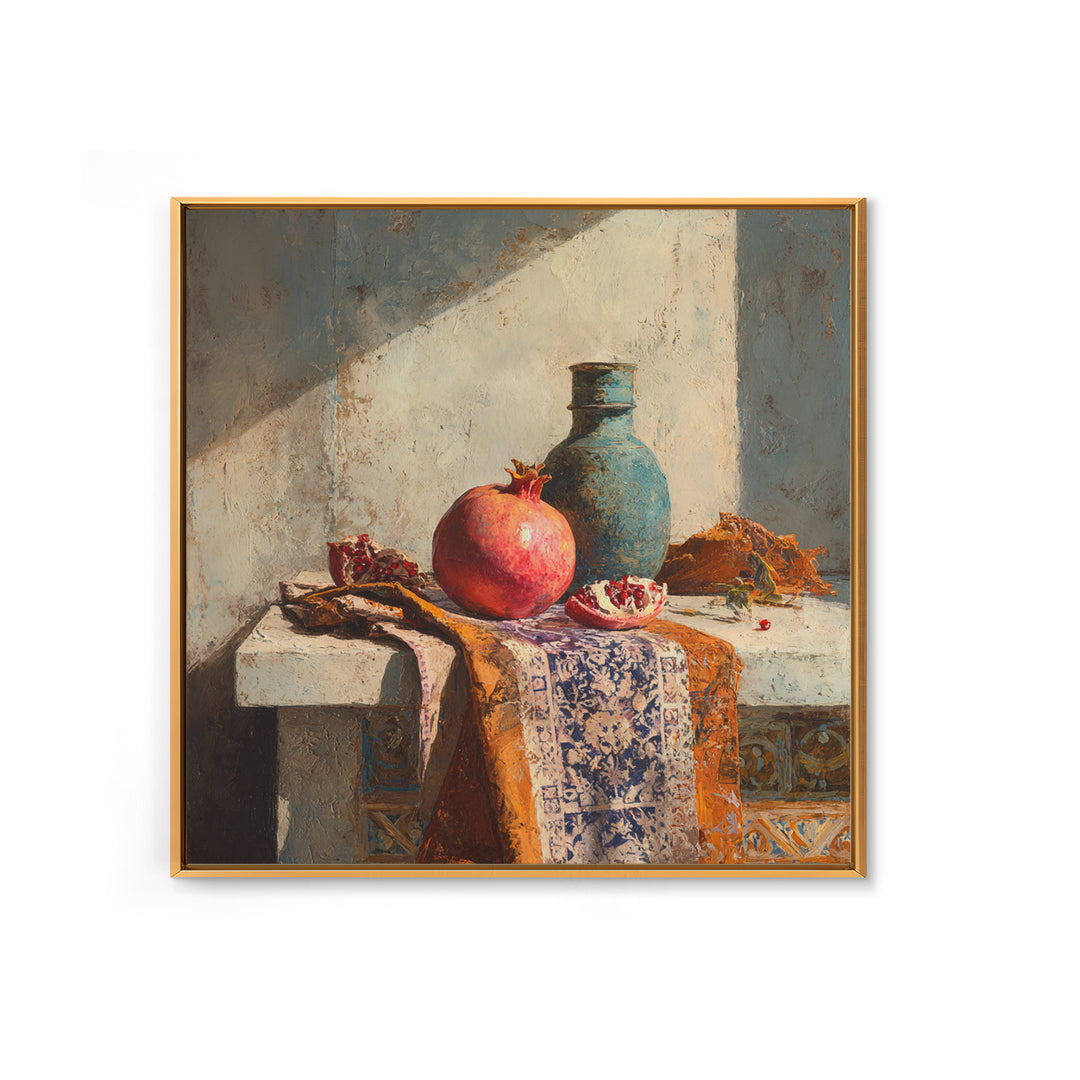 Pomegranate Still Life Framed Canvas Print, Mediterranean Art, Digital Art Prints, Living Room Decor, Oil Painting, Azure, MAR-1x1-43
