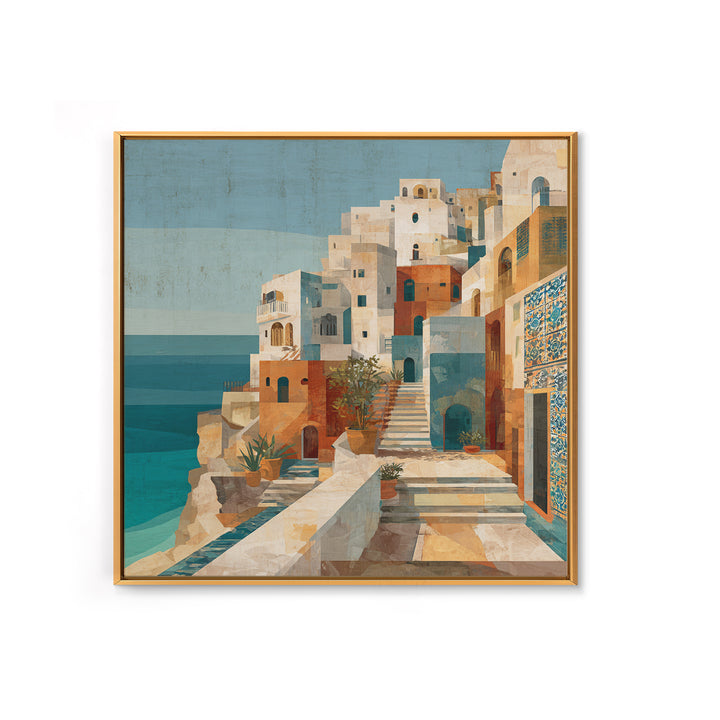 Coastal Cliffs with Sparkling Blue Water Framed Canvas Print, Mediterranean Art, Horizontal Wall Art, Living Room Decor, Azure, MAR-1x1-44