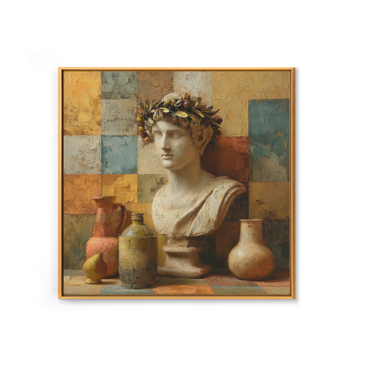 Roman Statue Bust Framed Canvas Print, Mediterranean Art, Coastal Decor, Living Room Decor, Fine Art, Azure, Wall Decor, MAR-1x1-46