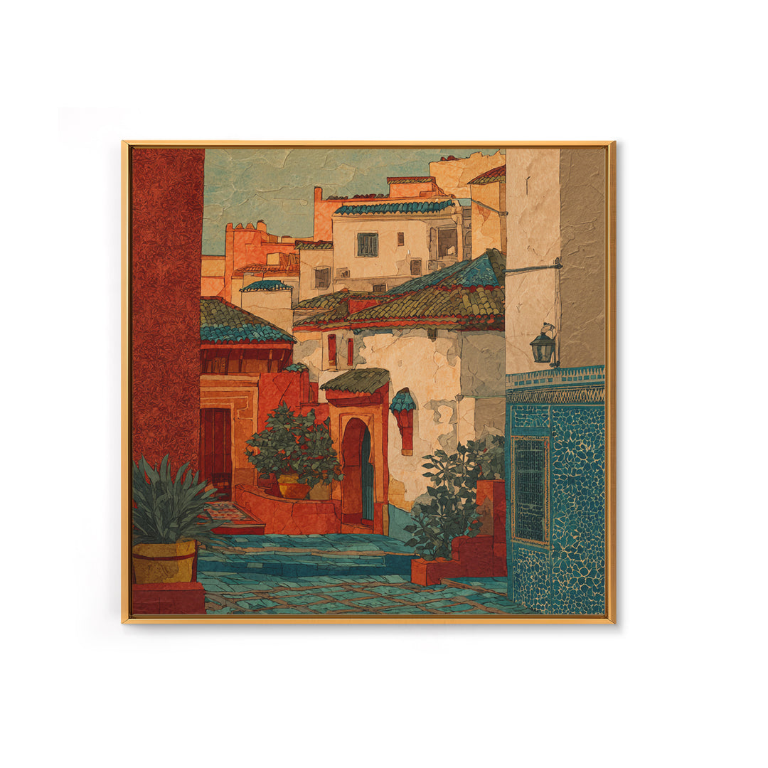 Sunset over Red Tiled Rooftops Framed Canvas Print, Mediterranean Art, Watercolor Painting, Living Room Decor, Fine Art, Azure, MAR-1x1-47