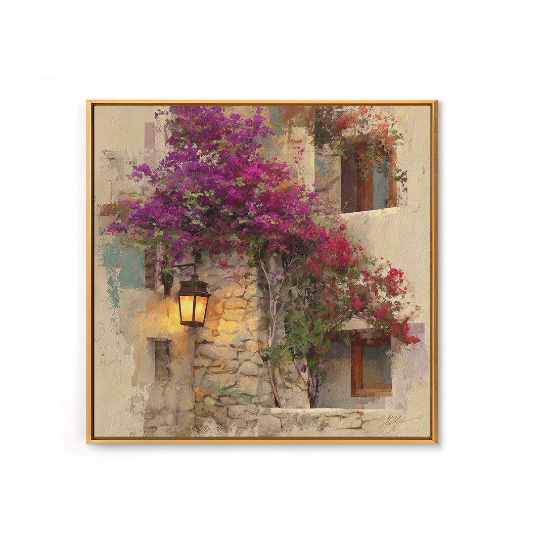 Bougainvillea Cascading over Stone Wall Canvas Print, Mediterranean Art, Landscape Painting, Living Room Decor, Fine Art, Azure, MAR-1x1-5