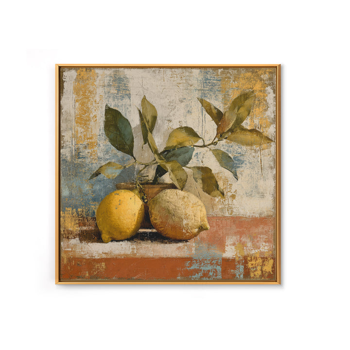 Olive Branch and Lemons on Terracotta Ground Canvas Print, Mediterranean Art, Minimalist Wall Art, Living Room Decor, Azure, MAR-1x1-50