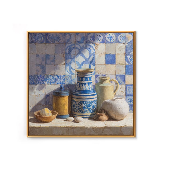 Blue and White Tile Pattern Framed Canvas Print, Mediterranean Art, Watercolor Art, Living Room Decor, Fine Art, Azure, MAR-1x1-52