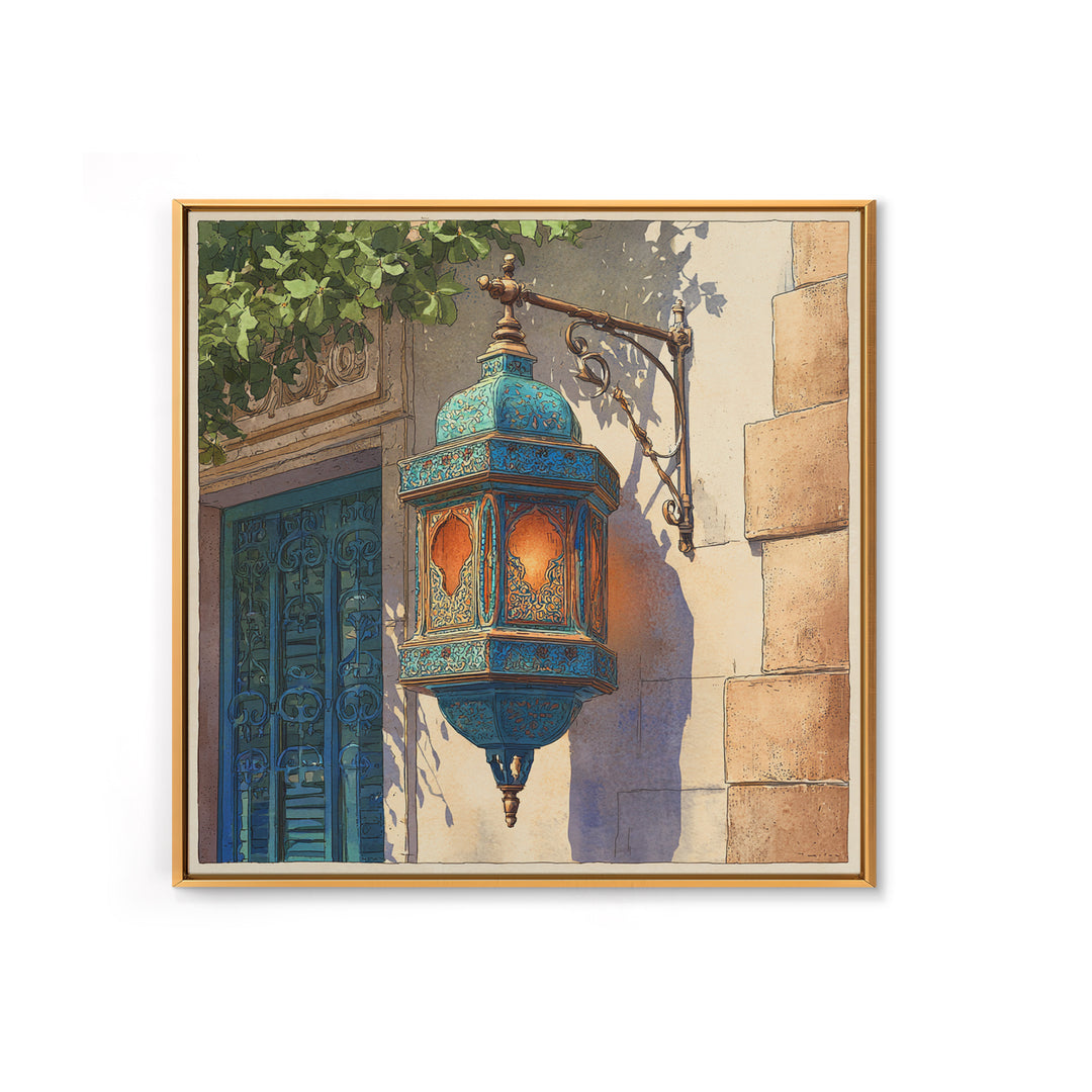 Moroccan Influenced Lantern Framed Canvas Print, Mediterranean Art, Living Room Art, Living Room Decor, Abstract Art, Azure, MAR-1x1-57