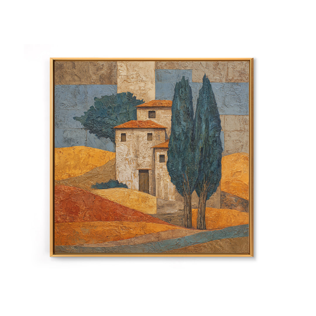 Tuscan Cypress Trees and Golden Hillside Canvas Print, Mediterranean Art, Nautical Decor, Living Room Decor, Azure, MAR-1x1-6