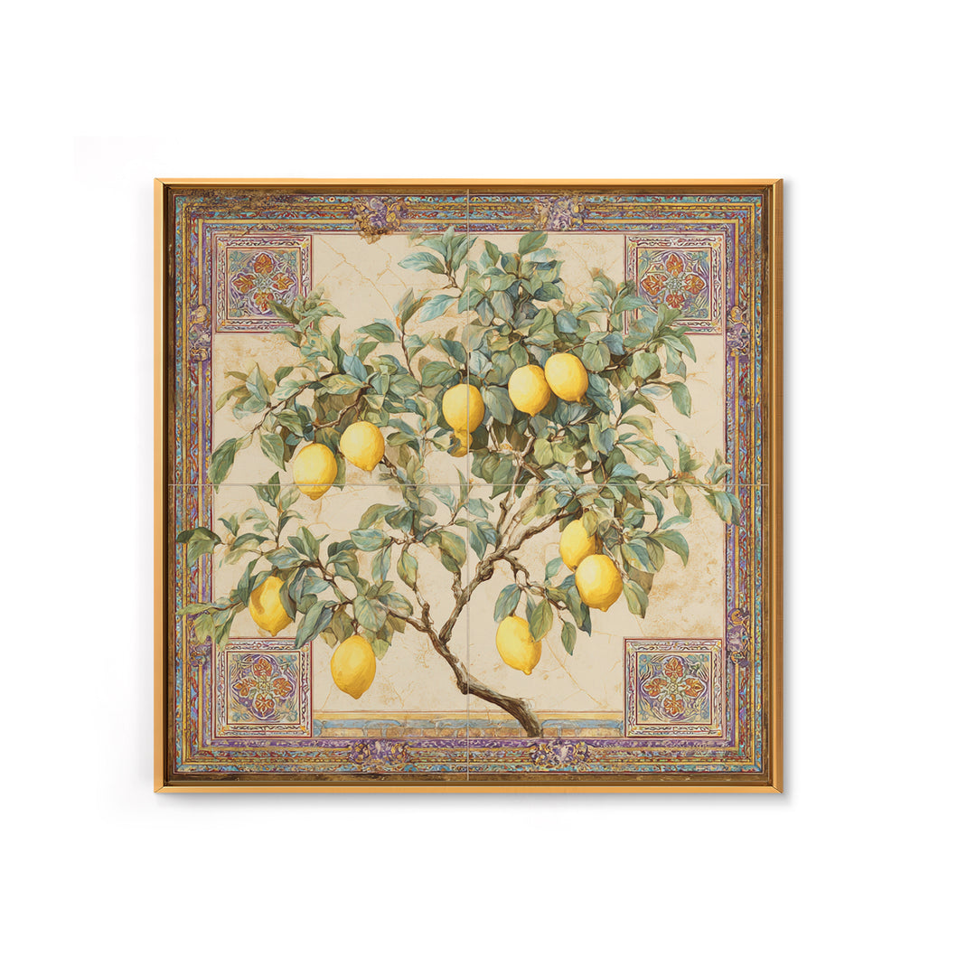 Sicilian Lemon Branch on Ivory Background Framed Canvas Print, Mediterranean Art, Gallery Wall Art, Living Room Decor, Azure, MAR-1x1-61