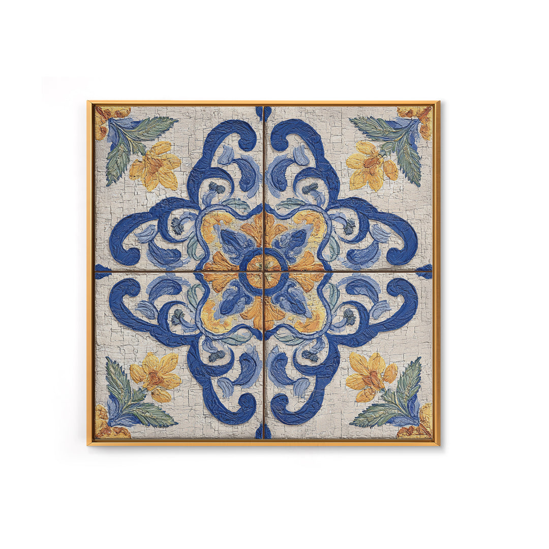 Spanish Tile Ornament Framed Canvas Print, Mediterranean Art, Coastal Wall Art, Living Room Decor, Azure, Living Room Art, MAR-1x1-64