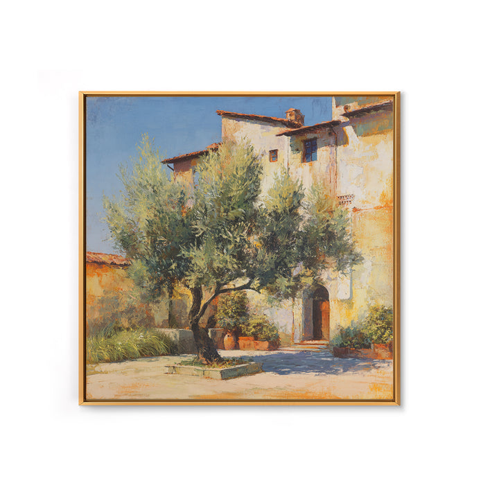 Olive Grove under Pale Morning Light Framed Canvas Print, Mediterranean Art, Landscape Wall Art, Living Room Decor, Azure, MAR-1x1-65