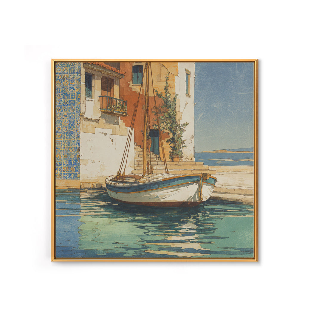 Mediterranean Sailboat on Glassy Water Framed Canvas Print, Mediterranean Art, Watercolor Art, Living Room Decor, Abstract Art, MAR-1x1-66