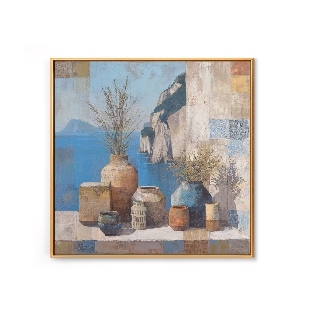 Coastal Cliffs with Sparkling Blue Water Framed Canvas Print, Mediterranean Art, Landscape Painting, Living Room Decor, Azure, MAR-1x1-68