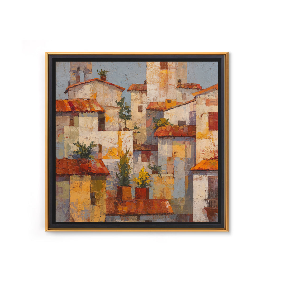 Sunset over Red Tiled Rooftops Framed Canvas Print, Mediterranean Art, Gallery Wall Art, Living Room Decor, Fine Art, Azure, MAR-1x1-71