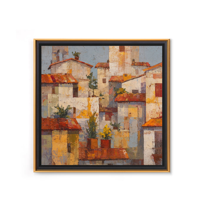 Sunset over Red Tiled Rooftops Framed Canvas Print, Mediterranean Art, Gallery Wall Art, Living Room Decor, Fine Art, Azure, MAR-1x1-71
