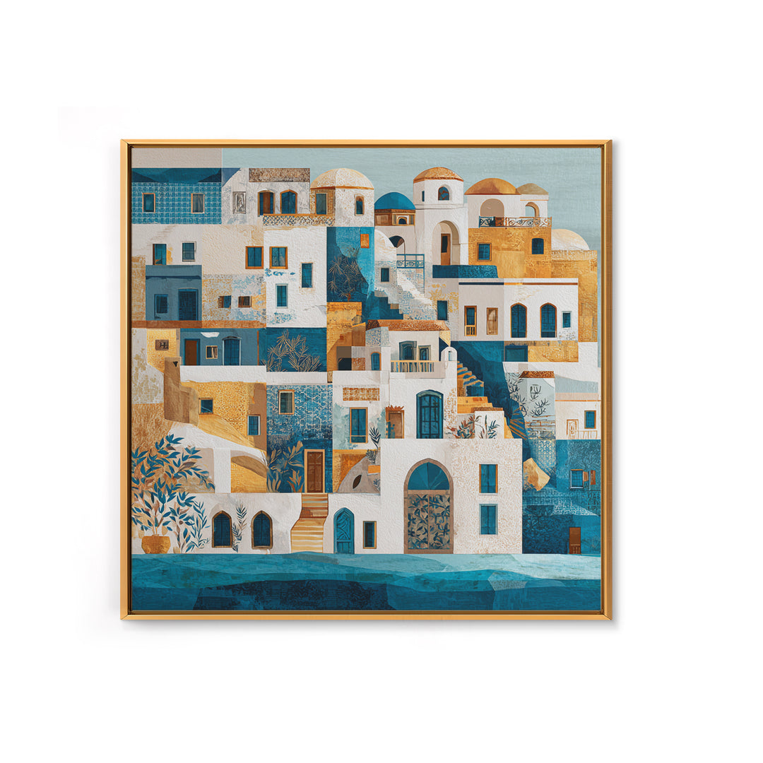 Greek Island White Buildings Above Blue Sea Canvas Print, Mediterranean Art, Neutral Decor, Living Room Decor, Azure, MAR-1x1-73