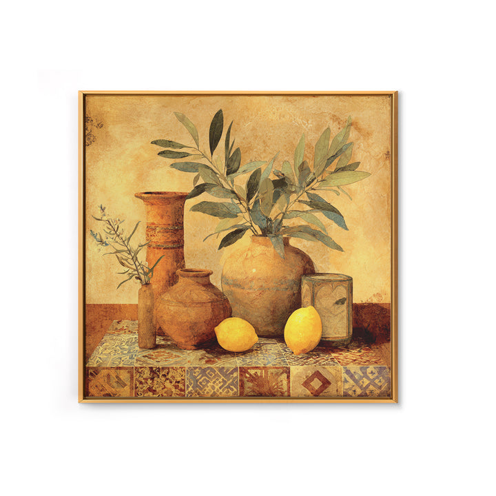 Olive Branch and Lemons on Terracotta Ground Canvas Print, Mediterranean Art, Downloadable Art, Living Room Decor, Azure, MAR-1x1-74
