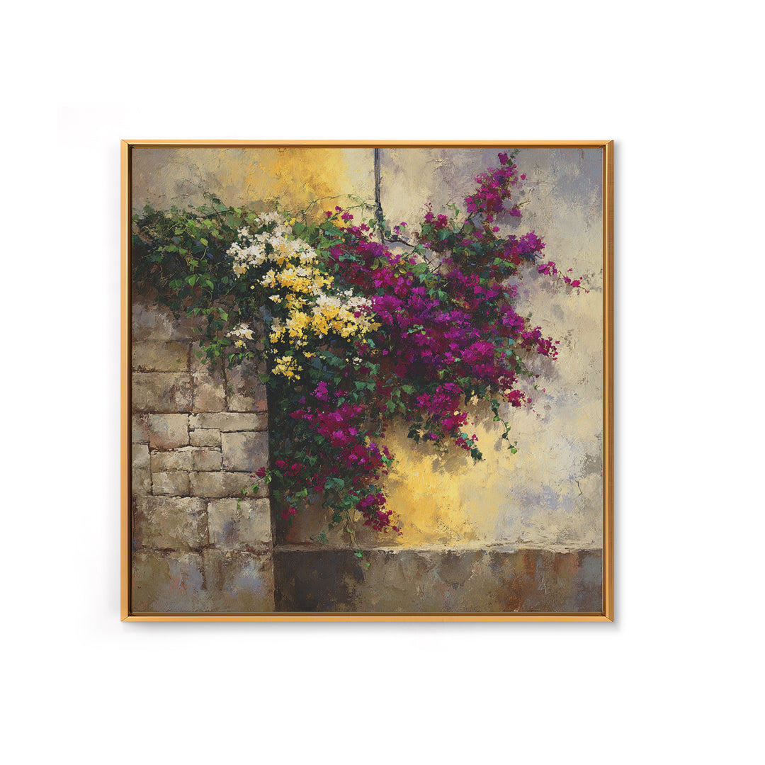 Bougainvillea Cascading over Stone Wall Canvas Print, Mediterranean Art, Modern Decor, Living Room Decor, Fine Art, Azure, MAR-1x1-77