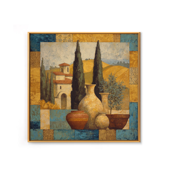 Tuscan Cypress Trees and Golden Hillside Framed Canvas Print, Mediterranean Art, Beach Prints, Living Room Decor, Azure, MAR-1x1-78