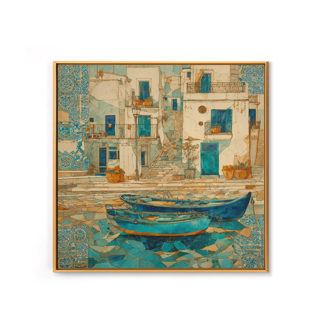 Coastal Fishing Boats Framed Canvas Print, Mediterranean Art, Wall Decor, Living Room Decor, Oil Painting, Azure, MAR-1x1-79