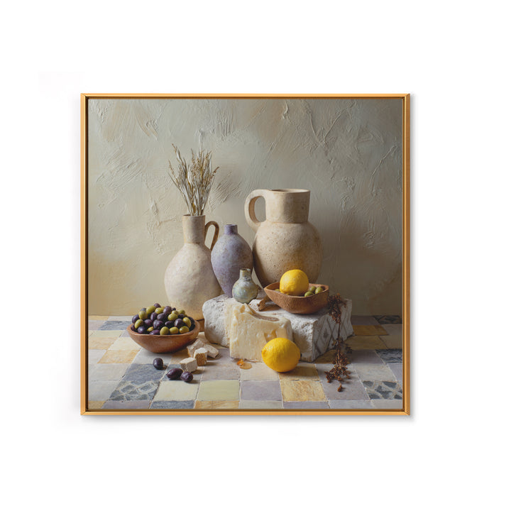 Figs Olives and Cheese Still Life Framed Canvas Print, Mediterranean Art, Printable Art, Living Room Decor, Fine Art, Azure, MAR-1x1-8