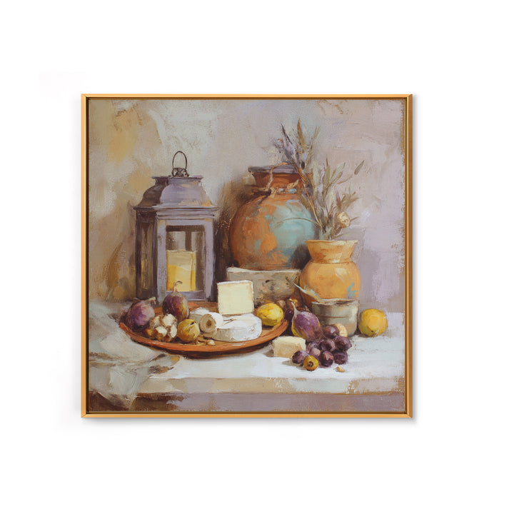 Figs Olives and Cheese Still Life Framed Canvas Print, Mediterranean Art, Wall Decor, Living Room Decor, Fine Art, Azure, MAR-1x1-80