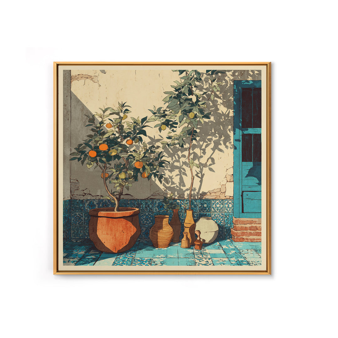 Citrus Tree in Clay Pot Canvas Print, Mediterranean Art, Coastal Wall Decor, Living Room Decor, Oil Painting, Azure, MAR-1x1-82