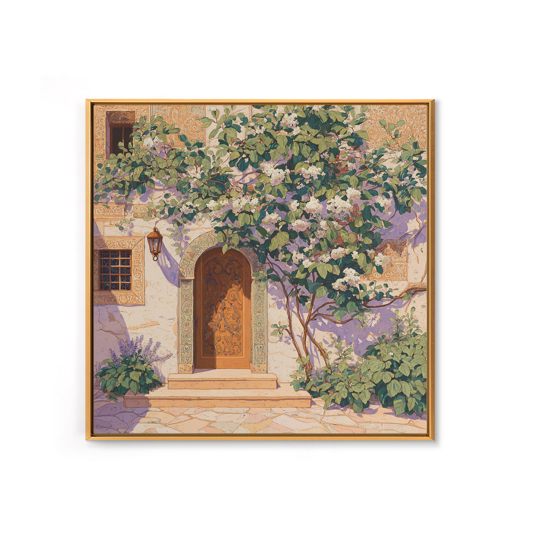Sunlit Courtyard Doorway Framed Canvas Print, Mediterranean Art, Neutral Decor, Living Room Decor, Oil Painting, Azure, MAR-1x1-83