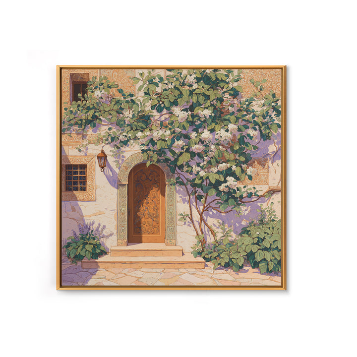 Sunlit Courtyard Doorway Framed Canvas Print, Mediterranean Art, Neutral Decor, Living Room Decor, Oil Painting, Azure, MAR-1x1-83