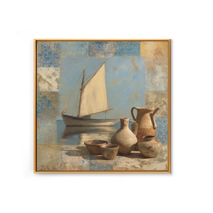 Mediterranean Sailboat on Glassy Water Canvas Print, Mediterranean Art, Gallery Wall Art, Living Room Decor, Fine Art, Azure, MAR-1x1-90