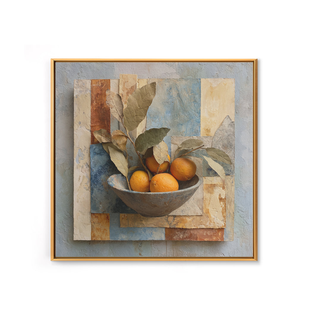 Ceramic Bowl of Oranges and Leaves Framed Canvas Print, Mediterranean Art, Wall Decor, Living Room Decor, Oil Painting, Azure, MAR-1x1-93