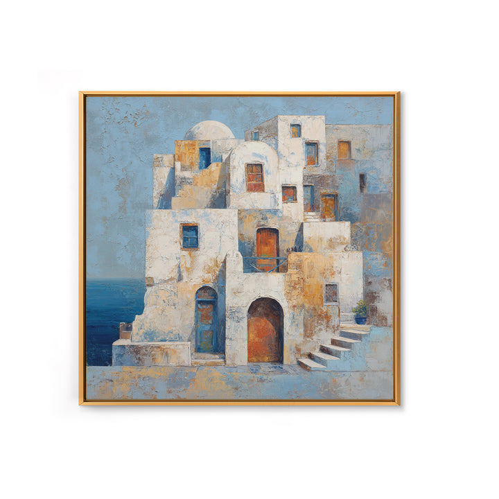 Greek Island White Buildings Above Blue Sea Canvas Print, Mediterranean Art, Luxury Decor, Living Room Decor, Oil Painting, MAR-1x1-97