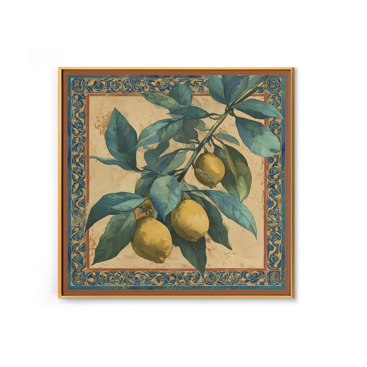 Olive Branch and Lemons on Terracotta Ground Canvas Print, Mediterranean Art, Wall Decor, Living Room Decor, Fine Art, Azure, MAR-1x1-98
