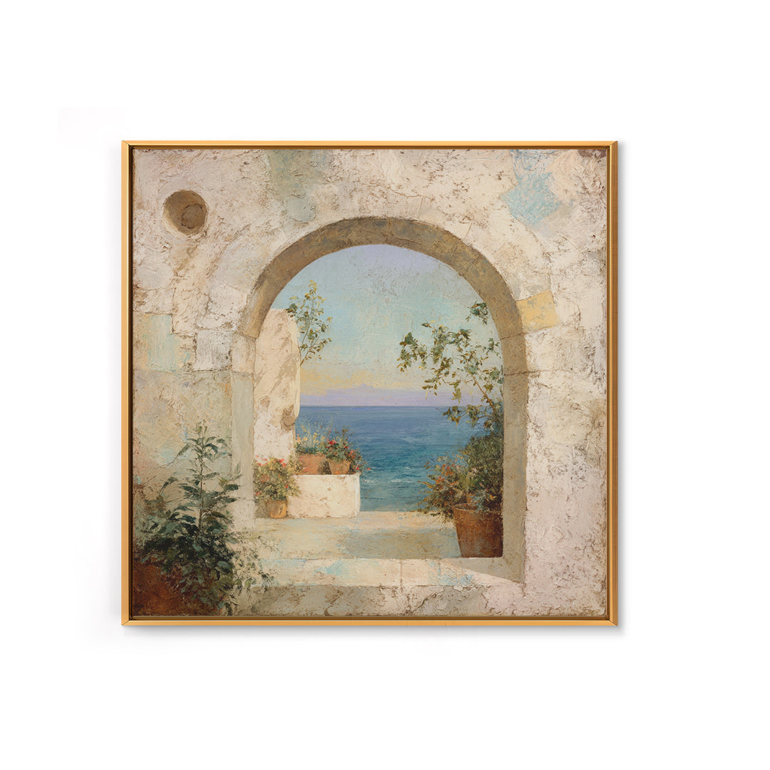Mediterranean Arch Framing Ocean Horizon Canvas Print, Mediterranean Art, Living Room Decor, Oil Painting, Azure, MAR-1x1-99