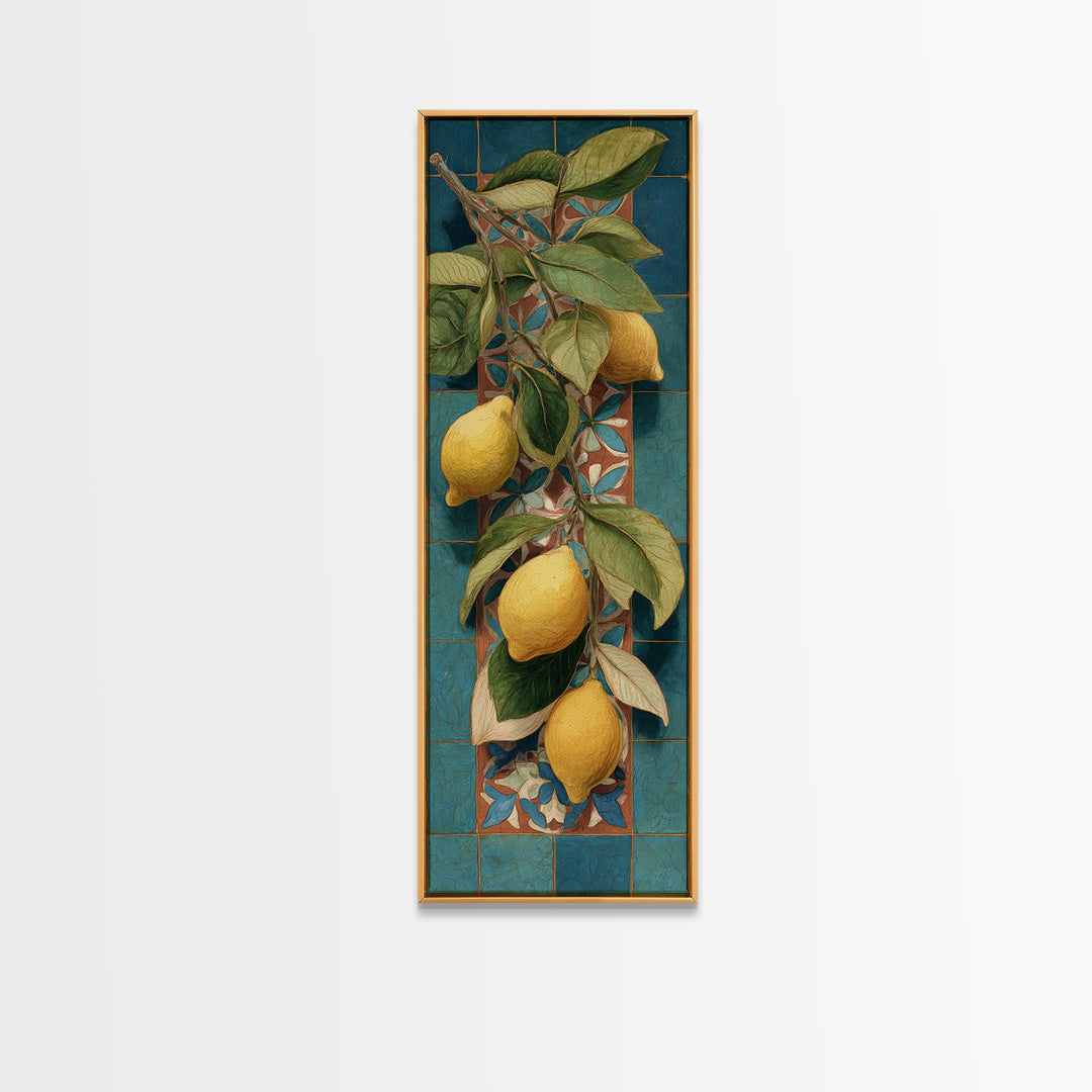 Olive Branch and Lemons on Terracotta Ground Canvas Print, Mediterranean Art, Beach Wall Art, Living Room Decor, Azure, MAR-1x3-14