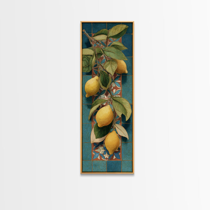 Olive Branch and Lemons on Terracotta Ground Canvas Print, Mediterranean Art, Beach Wall Art, Living Room Decor, Azure, MAR-1x3-14