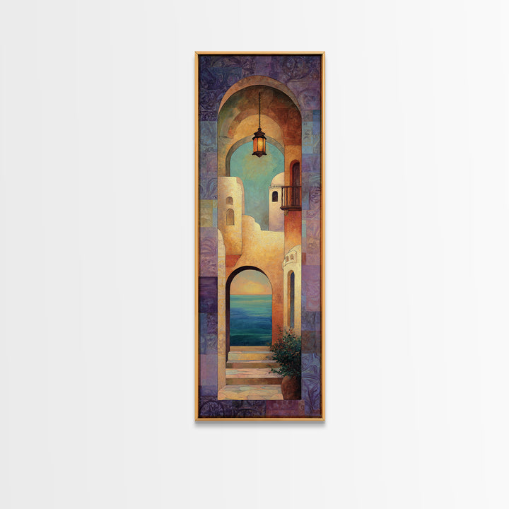 Mediterranean Arch Framing Ocean Horizon Framed Canvas Print, Mediterranean Art, Statement Artwork, Living Room Decor, Azure, MAR-1x3-15