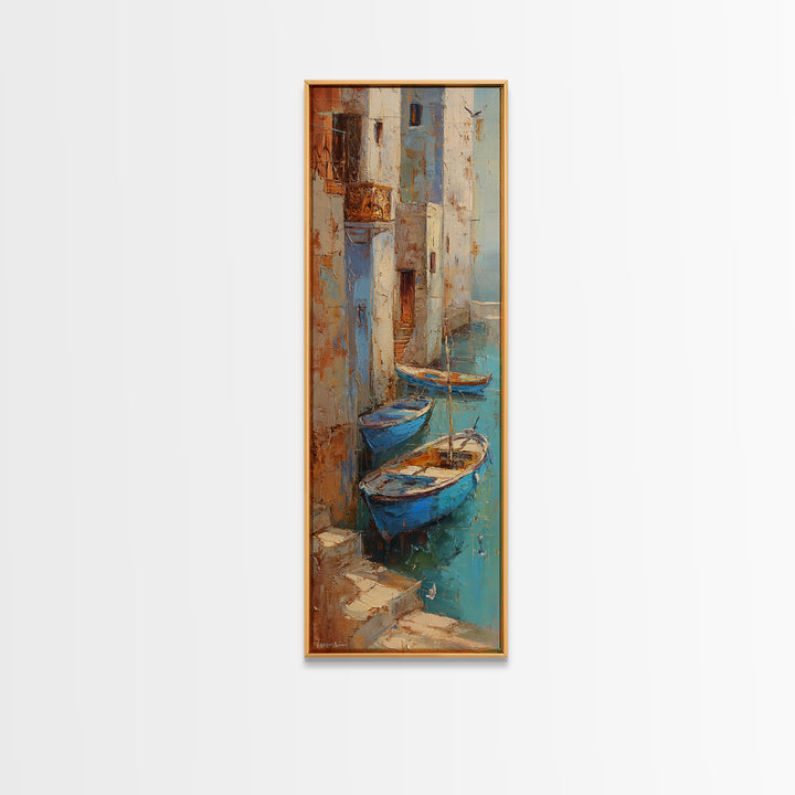 Coastal Fishing Boats Framed Canvas Print, Mediterranean Art, Boho Decor, Living Room Decor, Fine Art, Azure, Digital Wall Art, MAR-1x3-19