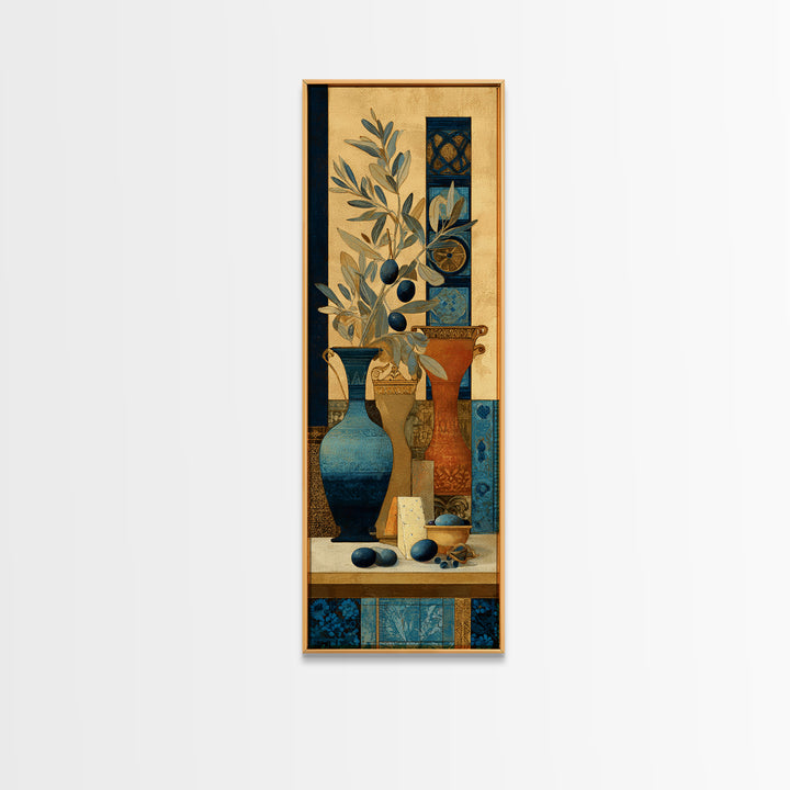 Figs Olives and Cheese Still Life Framed Canvas Print, Mediterranean Art, Travel Poster, Living Room Decor, Fine Art, Azure, MAR-1x3-20